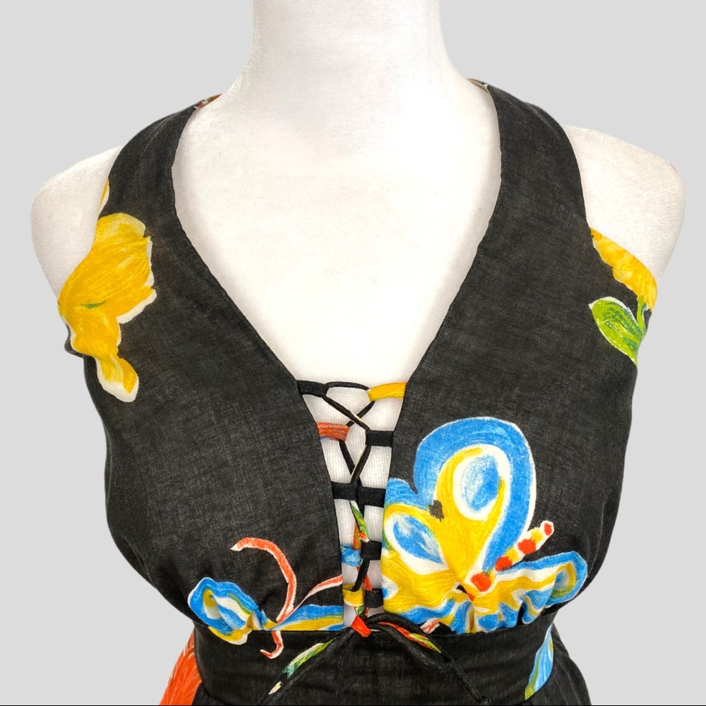 Vintage Black + Multicolor Floral Butterfly Halter Maxi Dress - Picture 2 of 8